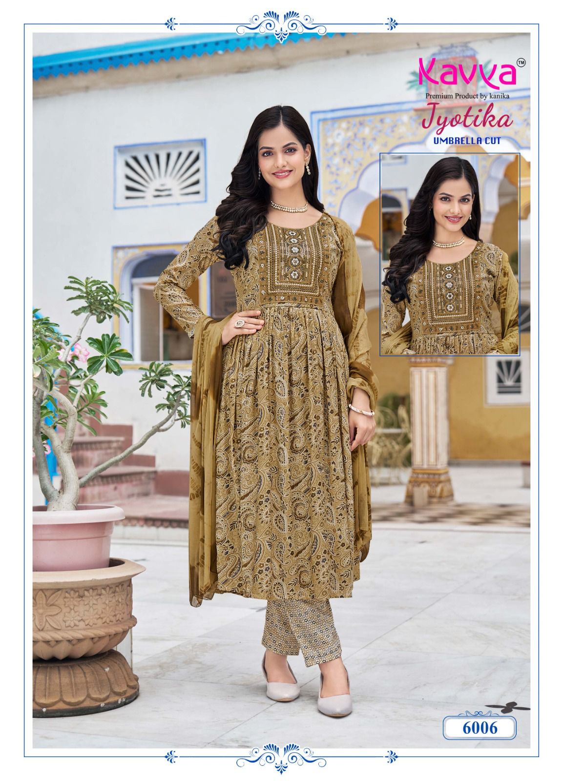 Jyotika Vol 6 By Kavya Capsule Foil Printed Embroidery Kurti With Bottom Dupatta Wholesalers In Mumbai

